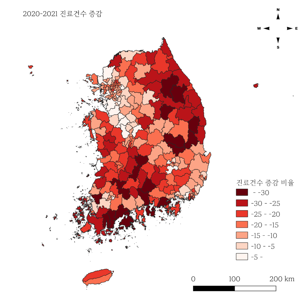 2021년 진료건수 전년(2020년)대비 증감